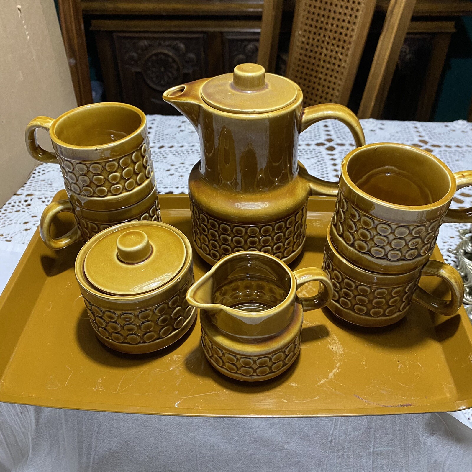 Enesco Japan Vintage Tea Pot Creamer Sugar Bowl 4 Cups Tray Set MCM Christmas