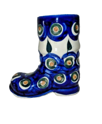Polish Pottery Boleslawiec Peacock Boot Vase Figurine Poland Blue Dots New - Picture 1 of 7