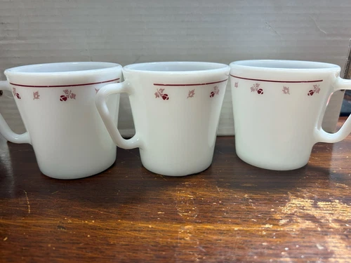 Lot OF 3 VINTAGE Pyrex BURGUNDY ROSE MILK GLASS COFFEE MUGS