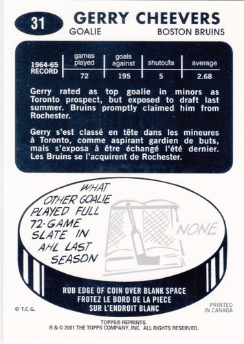01/02 TOPPS..GERRY CHEEVERS..ROOKIE REPRINTS..# 31..BRUINS.FREE COMBINED SHIP - Picture 2 of 2