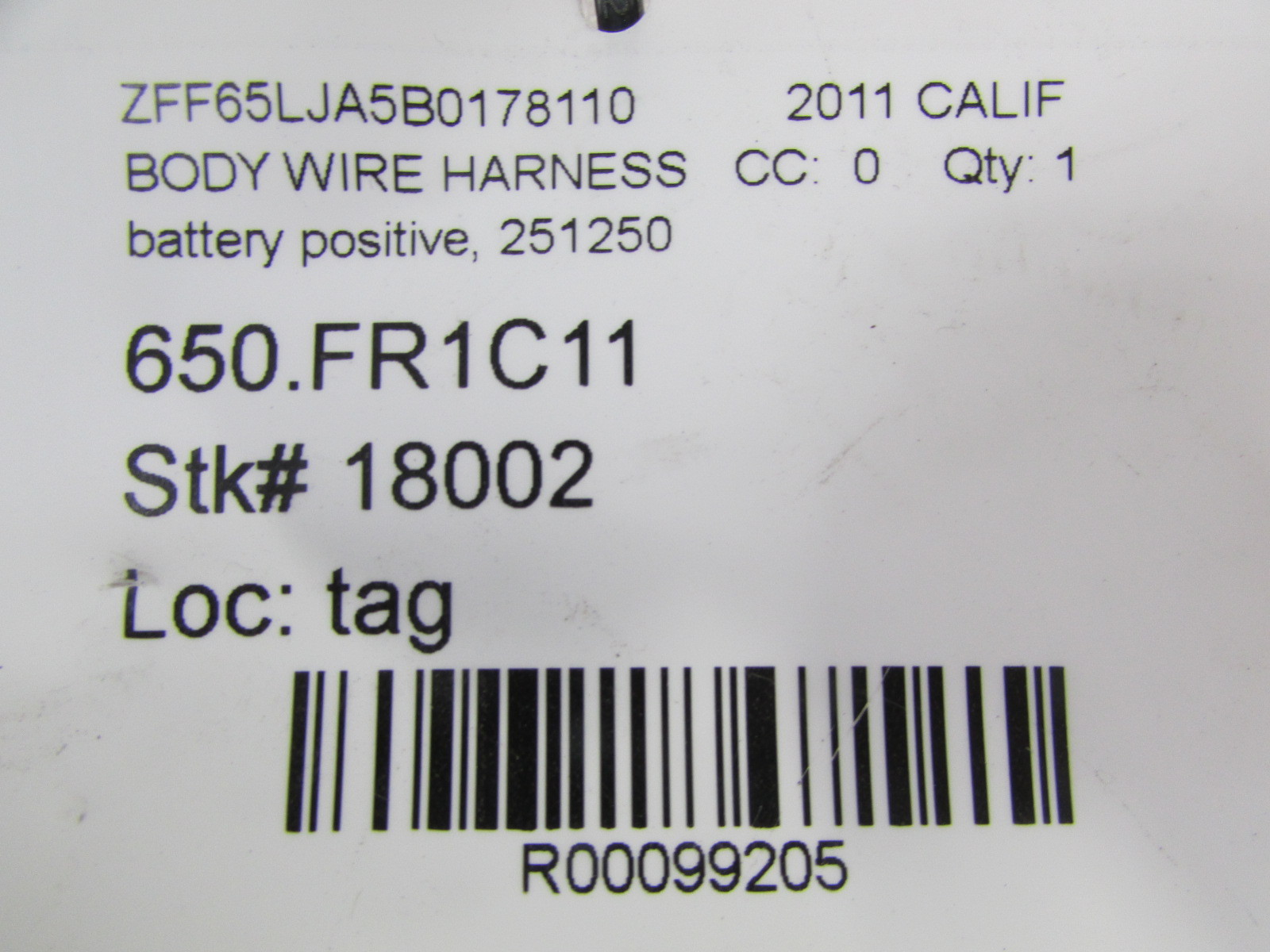 Ferrari California, Battery Positive Cable, Used, P/N 251250