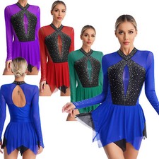 Women Figure Ice Skating Dance Dress Glitter Rhinestone Performance Costume