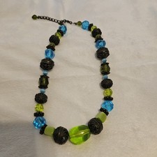 Green Glass Blue Glass Beaded Necklace Boho Bronze