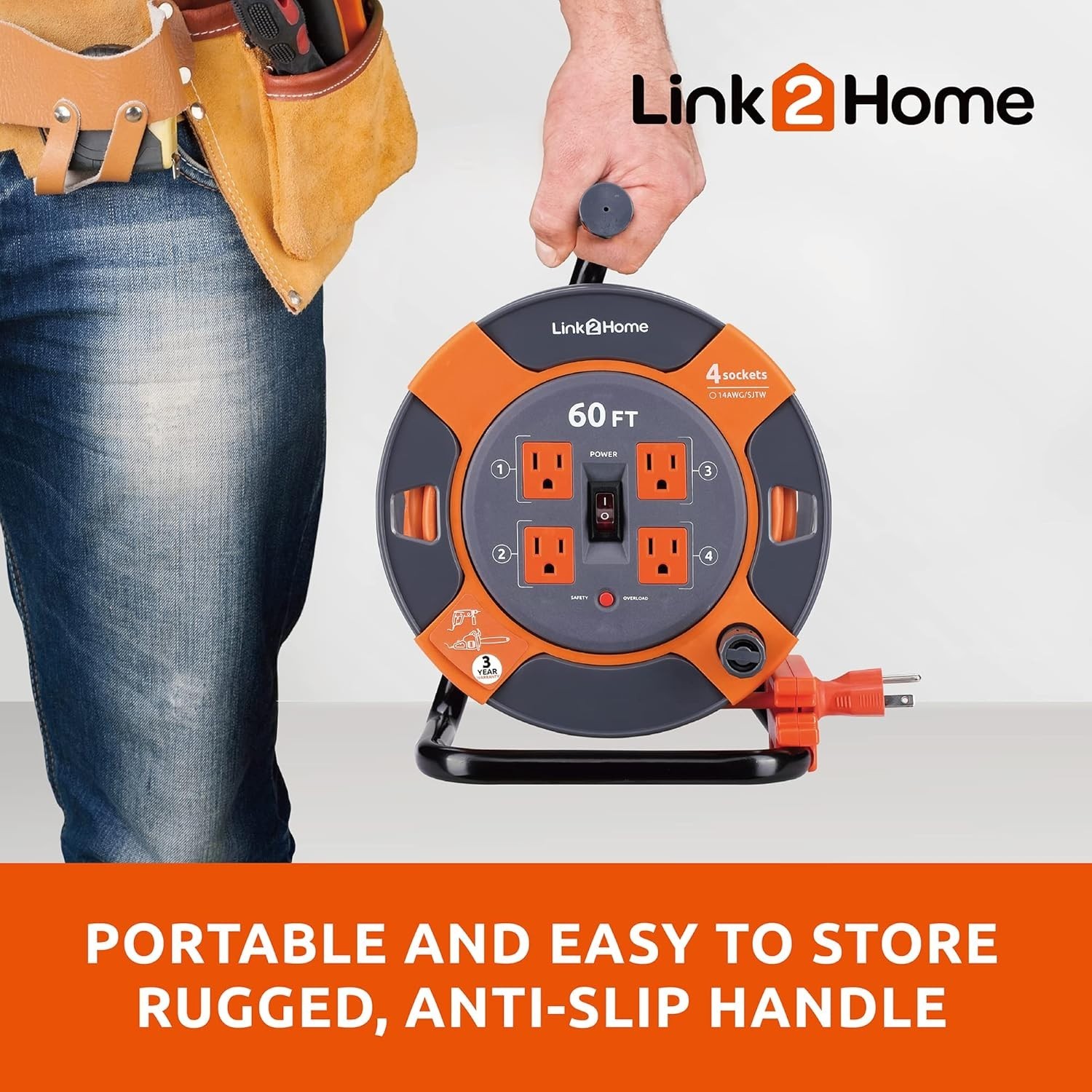 High Visibility 60ft Extension Cord Reel - 4 Power Outlets