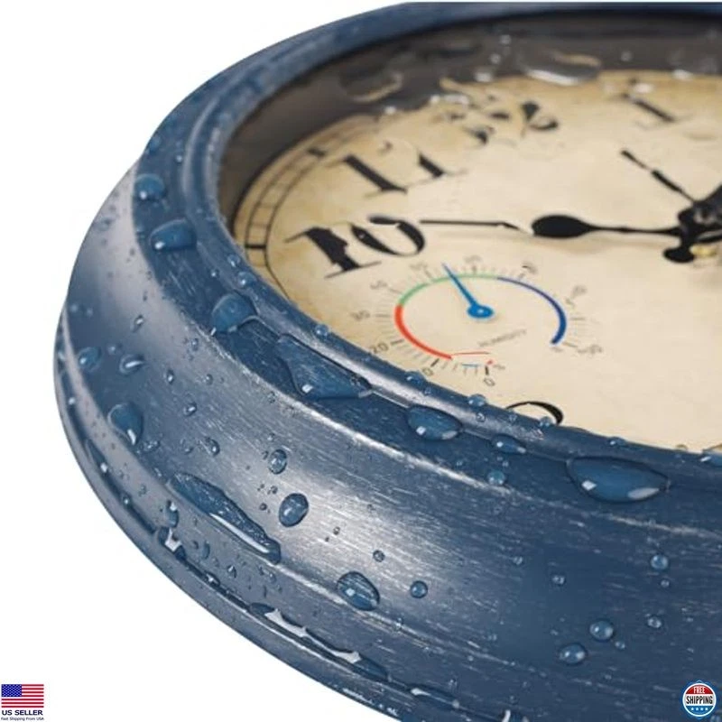 12" Waterproof Outdoor Clock with Thermometer & Hygrometer - Stylish Blue Design Foto 4 de 4