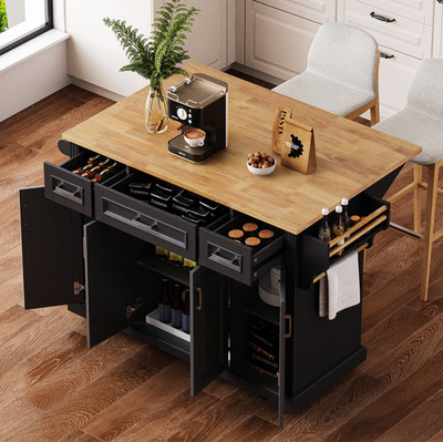 K&K 54inch Large Kitchen Island with Rubber Wood Drop Leaf, Embossed Texture R