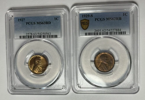 1927 PCGS MS 63RD AND 1929 S PCGS MS 62RB LINCOLN CENT
