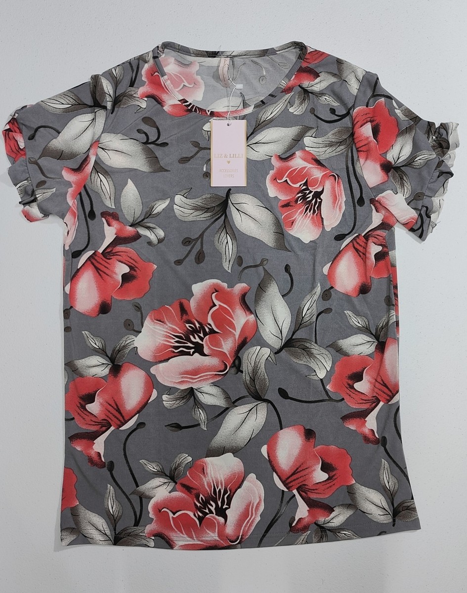 Lillies and Remains Tシャツ XL Liz & Lilli Women's Grey Floral Short Sleeve Top Size 1X | eBay