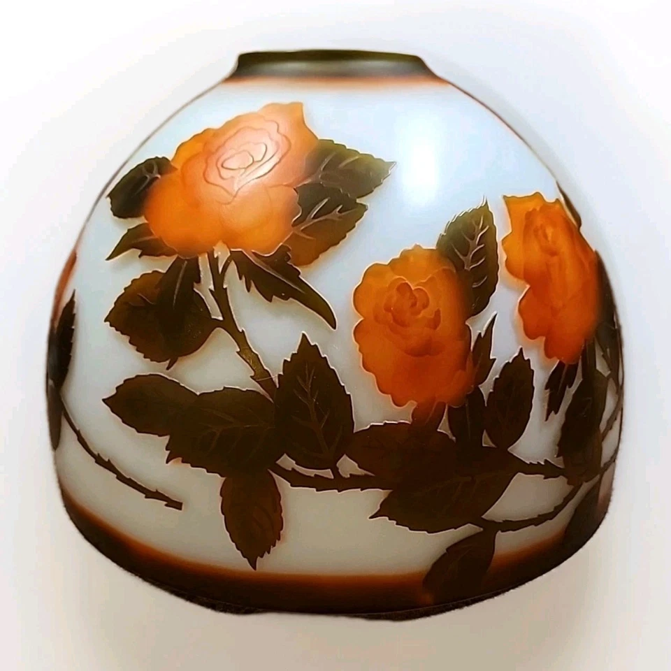 Emile Gallé Cameo Floral Glass Shade Metal Lamp Signed Large Orange/Brown  - Image 2 of 4