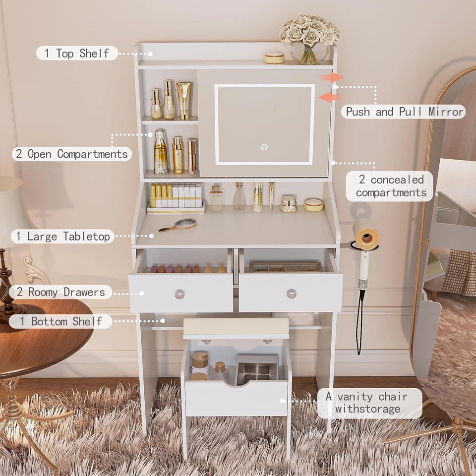 Tocador, Tocador Escritorio Pequeño con Espejo Corredero, Luces LED Regulables, 2 Cajones, Va Foto 3 de 4