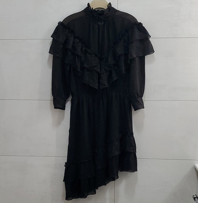 MSGM Milano Designer Black Solid High Neck Long Sleeve Ruffle Mini Dress Silk 40
