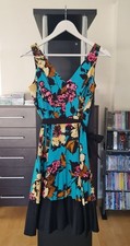 NINE WEST Teal Blue Floral Print V-Neck Belted A-Line Dress | Size US 2 / AU 8