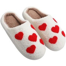 Valentines Heart Slippers for Women Valentines Plush Non 6.5-7 White With Heart