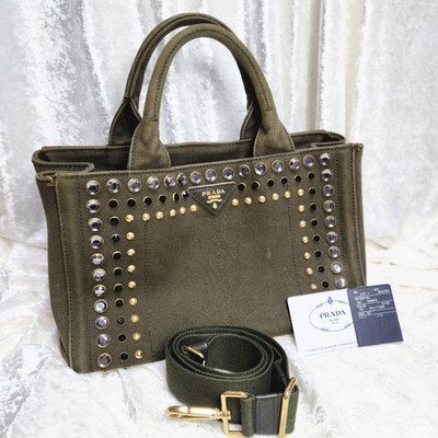 Prada Tote Bag Canapa Bijou Schultertasche Khaki Canvas Damen mit Garantiekarte