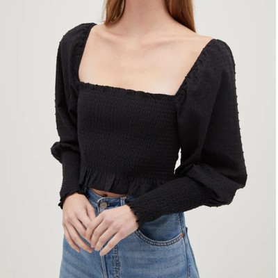 NWT Hill House XL Grace Nap Top Smocked Puff Sleeve Square Neck Black Blouse