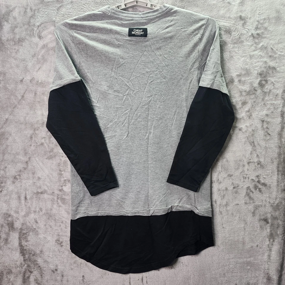 Cheap Monday Fake Is Tee Longline Shirt Gray Black Layered Hem Men’s Small Goth - Image 2 of 4