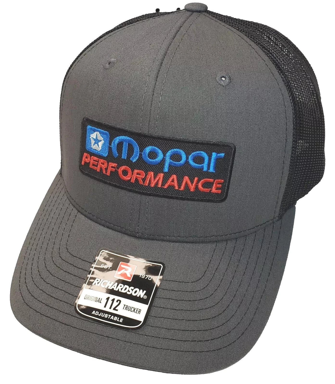 Mopar Performance Patch on Richardson 112 Trucker Hat Snapback Charcoal/Black