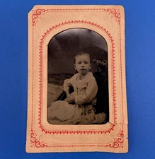 Antique TINTYPE PHOTOGRAPH young Child 2.5" x 3.5" unreadable name date on back
