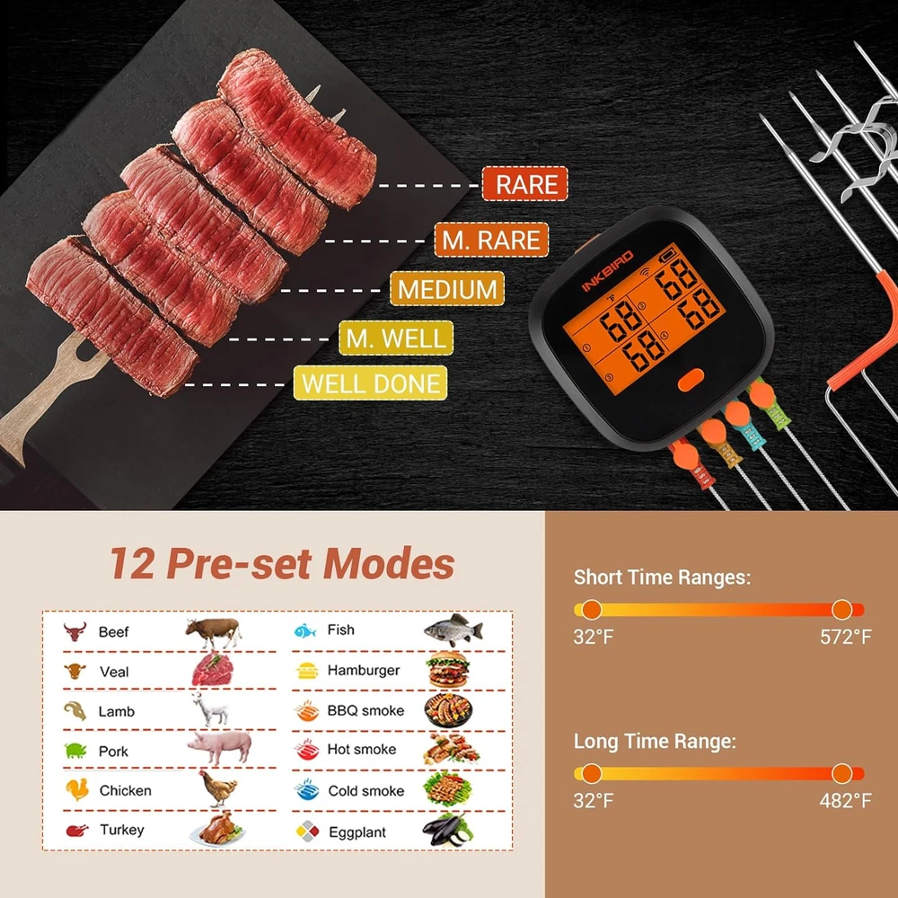 Wifi Meat Thermometer IBBQ-4T, Wireless Wifi BBQ Thermometer for Smoker, Oven |