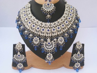 Silver Plated Jodha Akbar Kundan Zerconic Indian Necklace Earrings Tikka Set