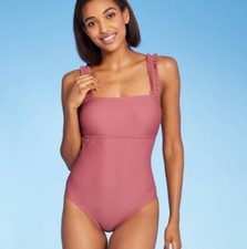 New Kona Sol Women's Square Neck Ruffle Shoulder Pink One Piece Swimsuit Size L