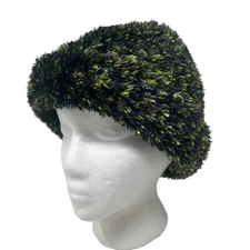 Fluffy Soft Fuzzy Beanie Cap Navy Yellow Green Black Stretch Lined