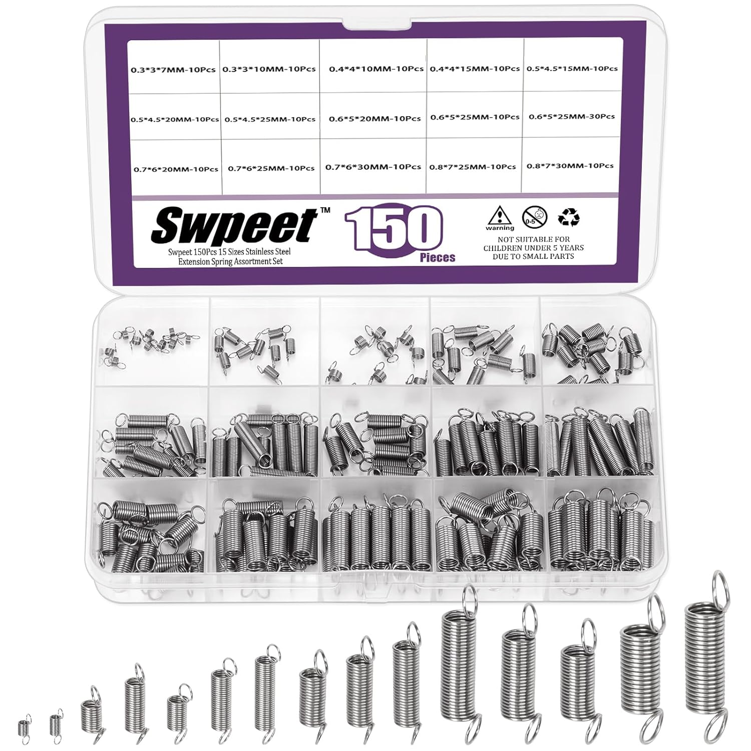 Swpeet 150-Piece Stainless Steel Extension Spring Kit in 15 Sizes with Dual Ho