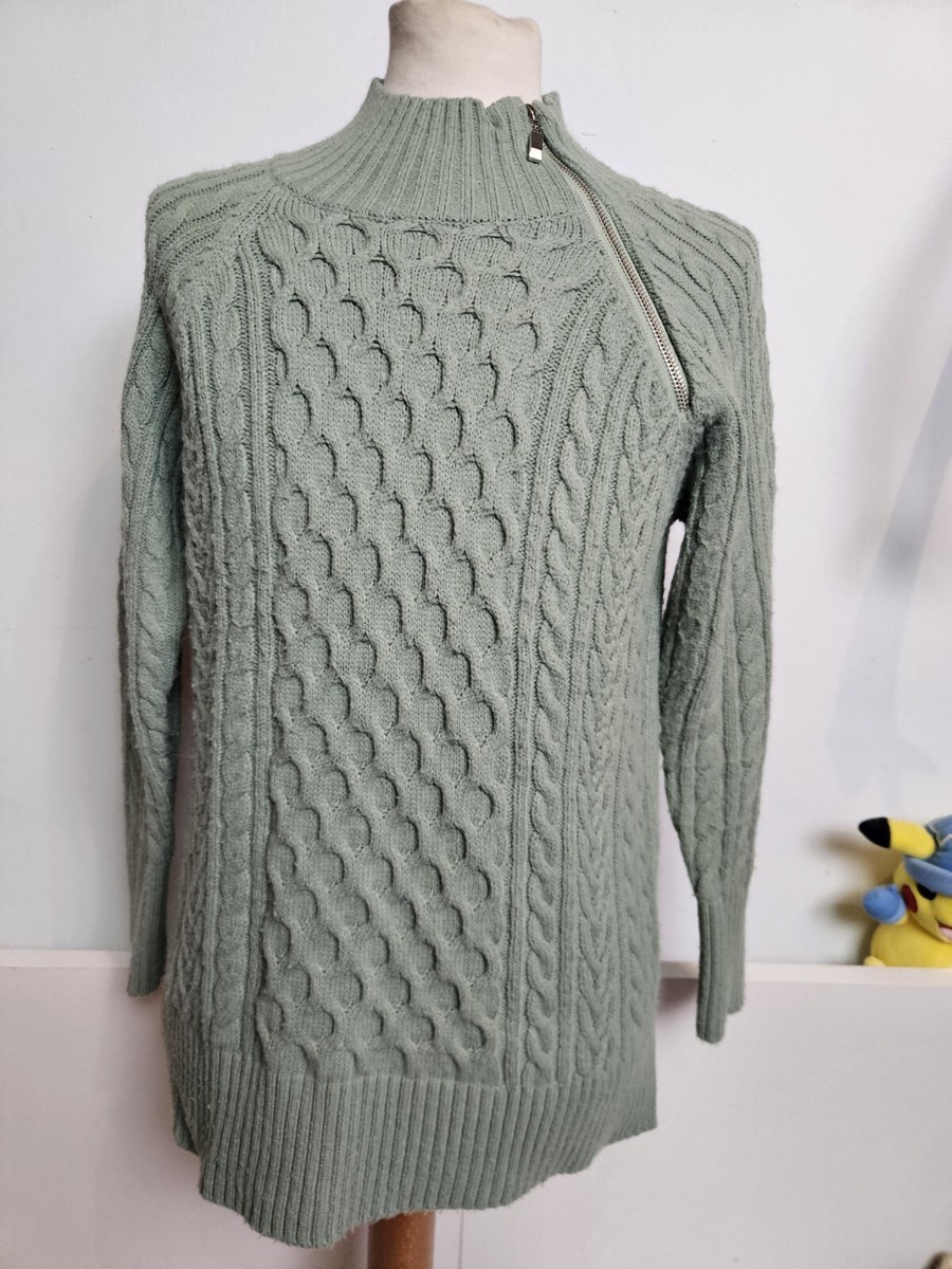 Monsoon Jumper Tight Cable Knit Mint Green 1/4 Zip Premium Soft UK