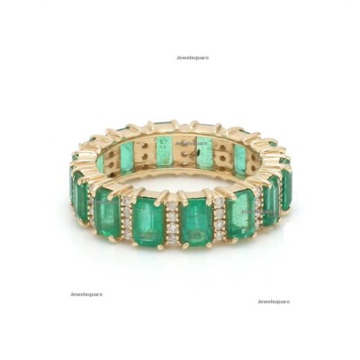 Octagon Cut Emerald & Natural Diamond Eternity Band Ring 14k Yellow ...