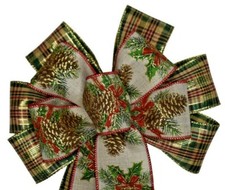 10" Hand Made Wired 2 Ribbon Pine Cone Plaid Wreath Bow Christmas Holiday Red