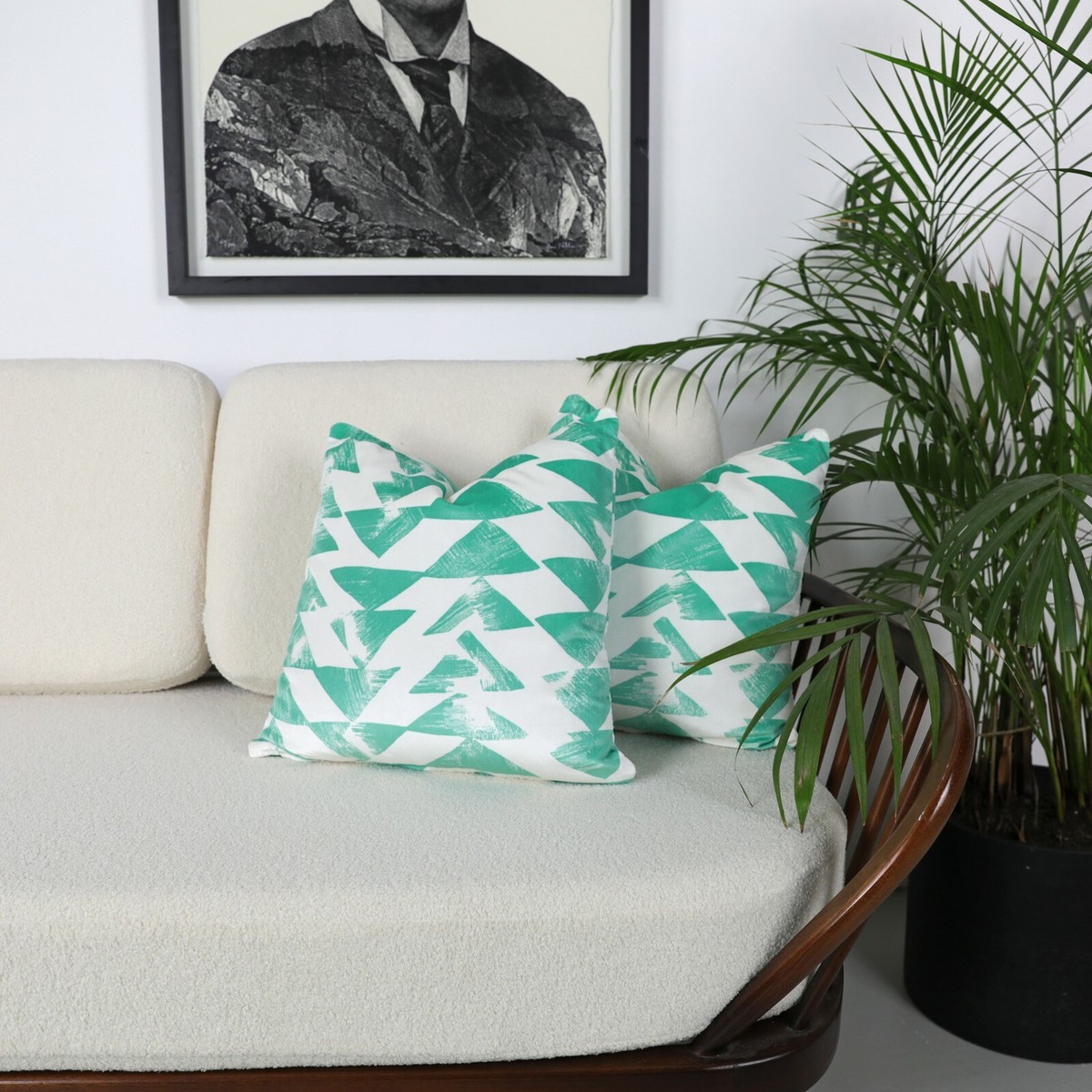 White Emerald Green Geometric/Abstract Triangles Printed Velvet