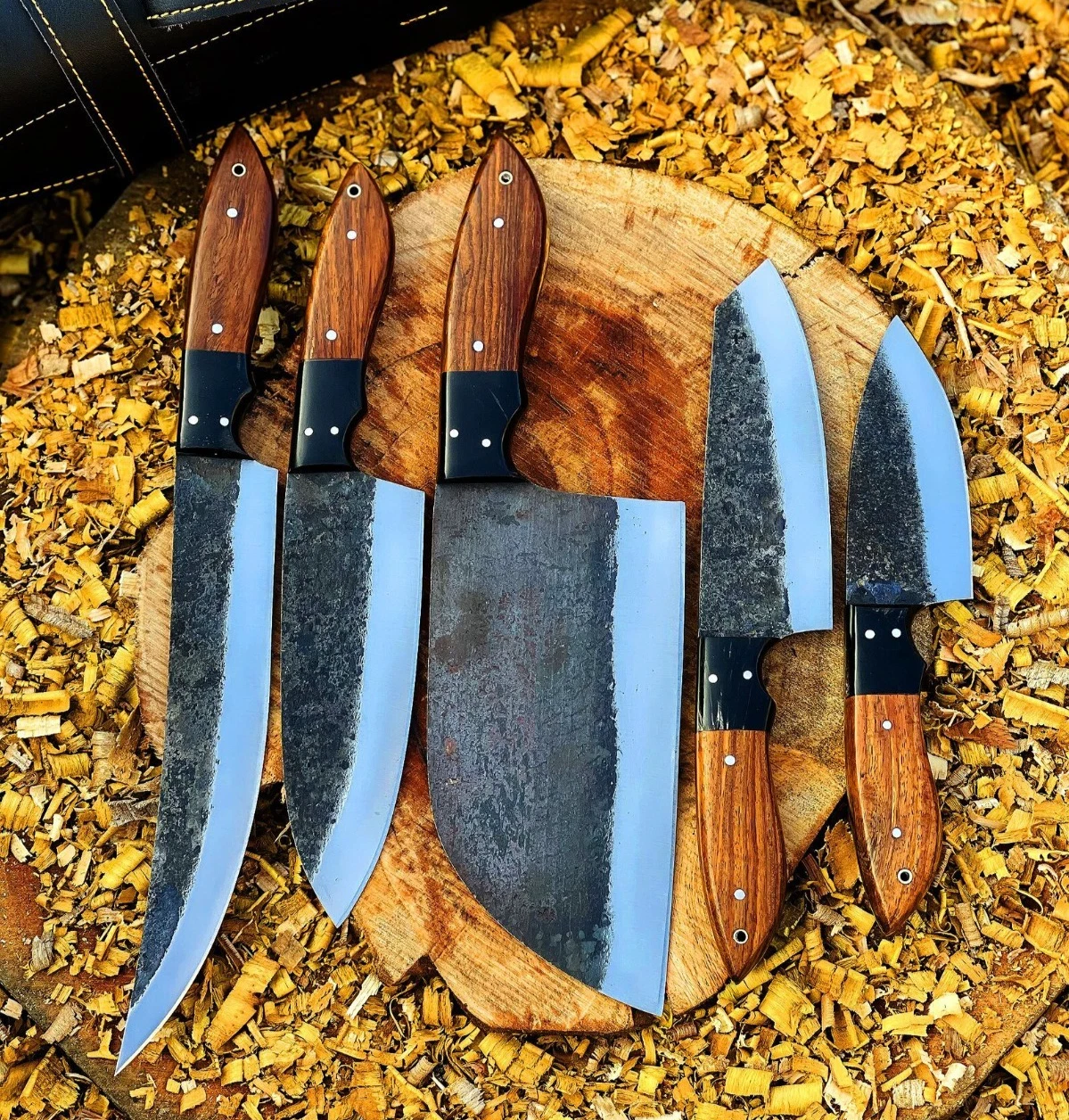 Hand Forged Carbon Steel Chef Knife Set, 6 Piece Kitchen Knives, Cutlery Set gif