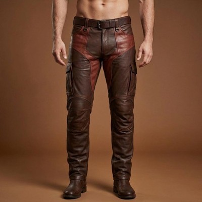 Handmade Two-Tone Brown Cowhide Leather Biker Pants
