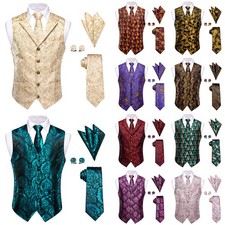 Mens Waistcoat Lapel Vest Tie Hankie Cufflinks Set Wedding Formal Casual Party