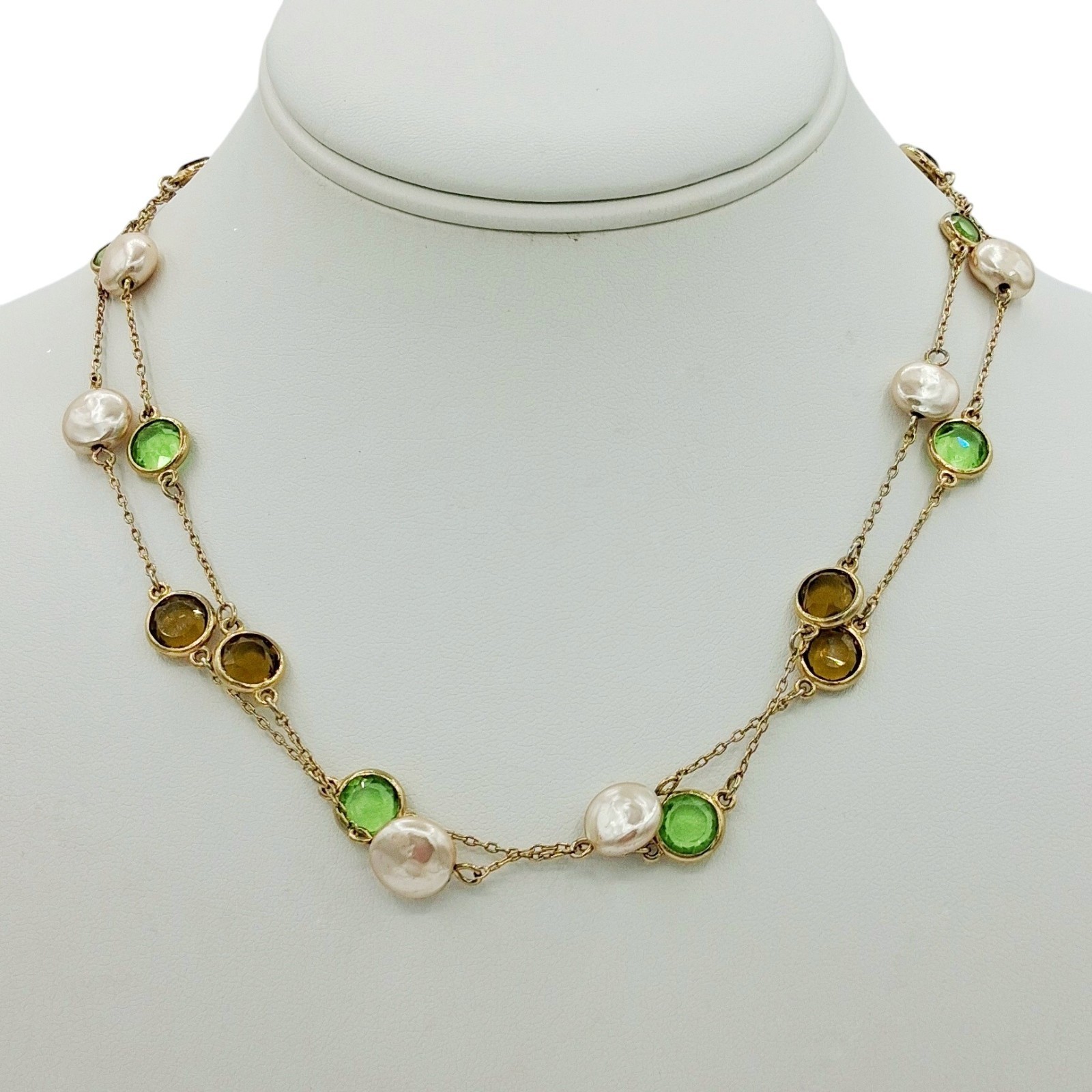 Station Necklace Earth Tone Crystals Faux Coin Pearl 29