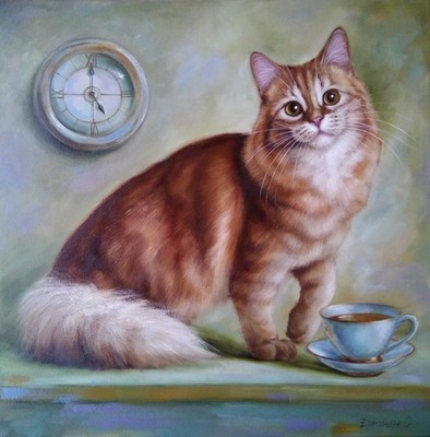Ginger Cat with Tea Cup Original Oil Painting Cozy Cat Artwork 20x20 in