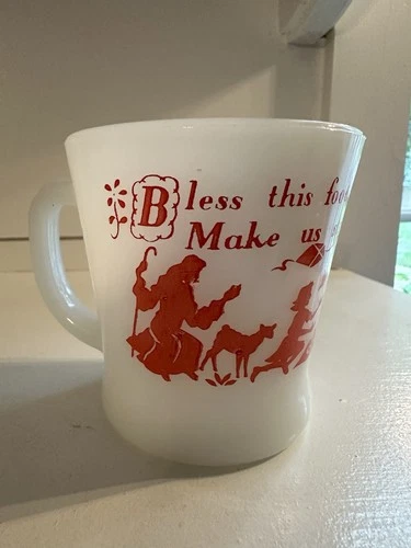 Fire King Milk Glass Child's Red Print Prayer Mug Coffee Cup Original Vintage