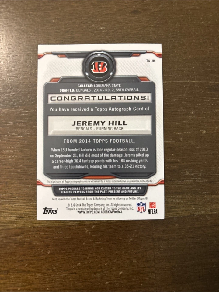 2014 Topps Jeremy Hill Certified Autographed Issue Rookie Card #TA-JH - Image 4 of 4