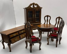 Juego de comedor miniatura de caoba para casa de muñecas con sillas y aparador de mesa Hutch