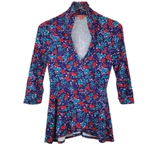 ModCloth Navy & Red Floral Knit 3/4 Sleeve Peplum Top Women's Size S