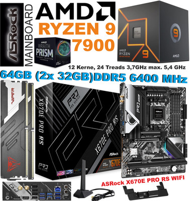 Aufrüstkit AMD Ryzen 9 7900 ASRock X670E PRO RS WIFI 64GB DDR5 6400MHz Bundle