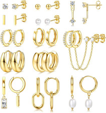 13 Pairs Small Stud Hoop Earrings Set for Women Hypoallergenic Gold Plated Huggi