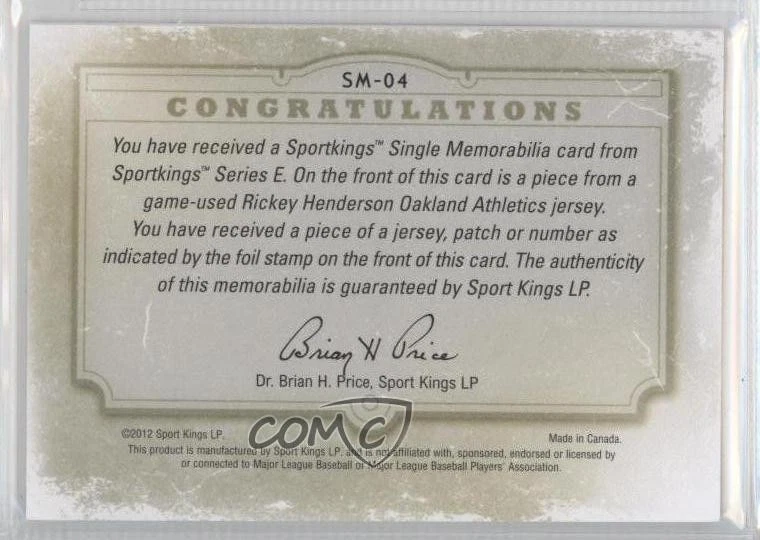 Camiseta deportiva Sportkings Series E 2012 con memorabilia única plateada Rickey Henderson Salón de la fama Foto 2 de 2