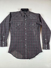 Vintage 80s Wrangler Western Pearl Snap Flannel Shirt Grey Red Plaid 15 x 33 M