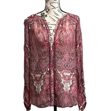 Lucky Brand Paisley Beach Coastal Colorful Sheer Tunic Boho Top Peasent Modest S