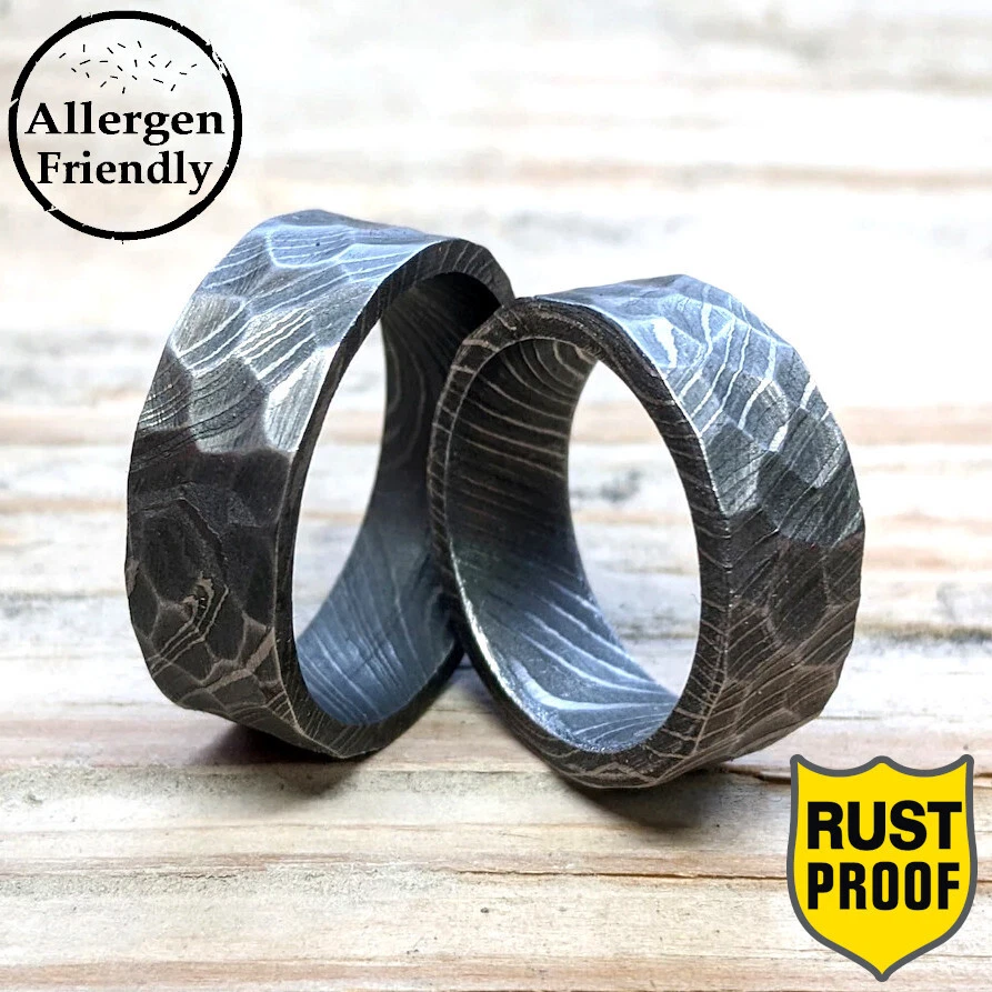 Hand Forged Hammered Thick Damascus Steel Ring For Men Simple