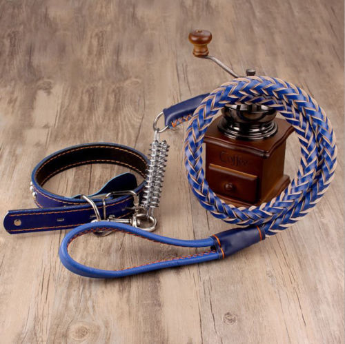 New Dog Collar Set Hand Crafted Braided Genuine Leather Dog Collar & Leash Lead - Picture 6 of 7