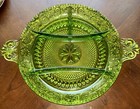 Vintage green depression glass large 10” 2 Handle Serving Dish Platter