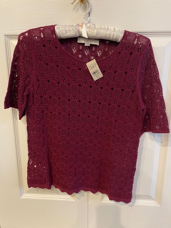 Loft Top Shirt NWT XSP Petite Crochet Knit Maroon  Casual Boho