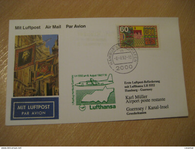 GUERNSEY Hamburg 1992 Lufthansa Airlines First Flight Cancel Heraldry Card UK GB